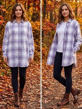 JACHS Girlfriend Lavender and White Plaid Button-Down Tunic